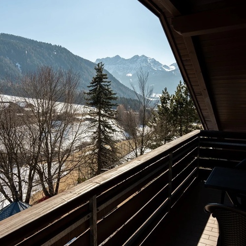 a balcony with a view of snowy mountains and trees