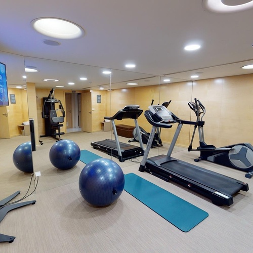 a gym with treadmills and exercise balls
