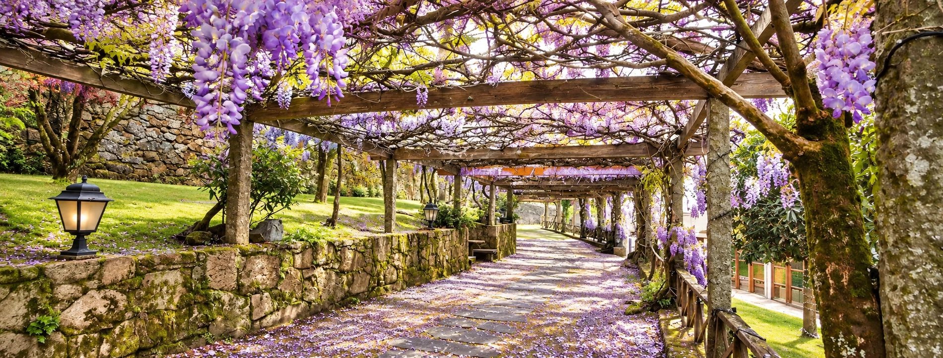 Pazo de Adran: Hermoso sendero de glicinias moradas.