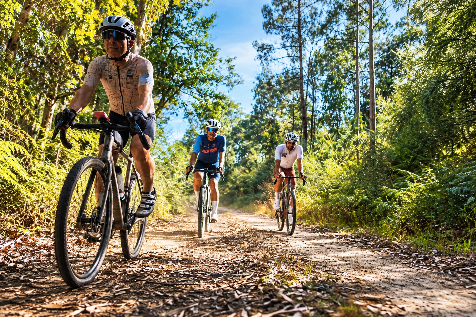 Ciclistas recorren sendero boscoso en un hotel Hotel Pazo de Adrán.