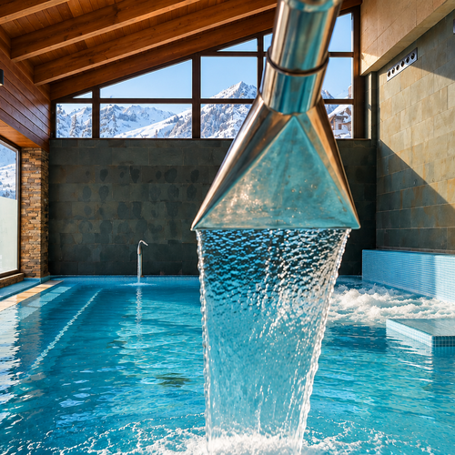 Relájate en la piscina termal de SNO: Aragon Hills, con cascada y vistas.