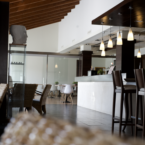 Elegante bar y salón de hotel con mobiliario moderno y techos de madera.