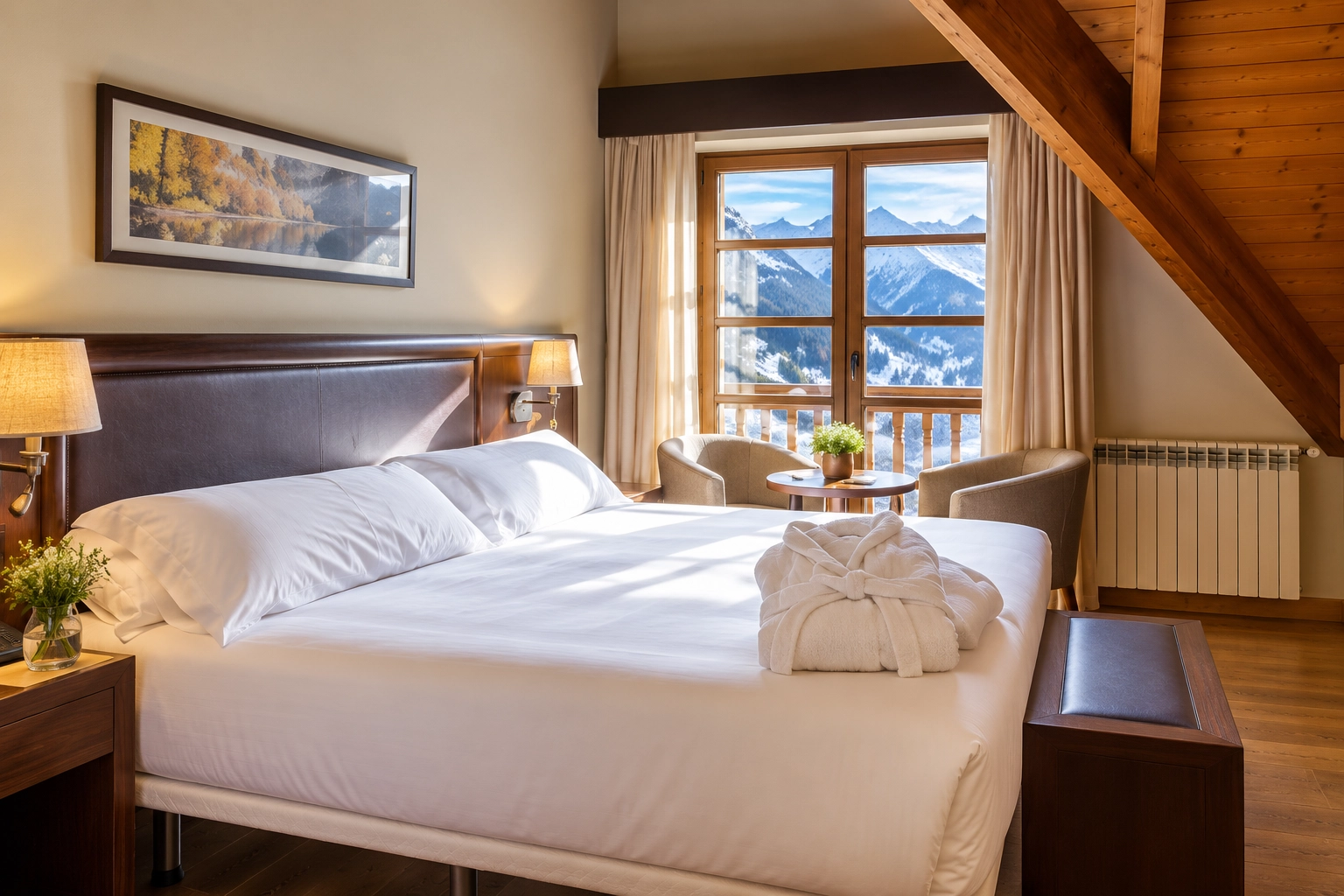 Chambre d'hôtel avec vue sur les montagnes SNO: Aragon Hills, lit, balcon et coin salon.