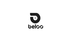 le logo de beloo est noir et blanc avec un œil .