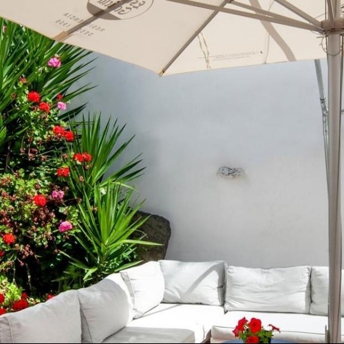 un sofá y una sombrilla en un patio con flores en el fondo