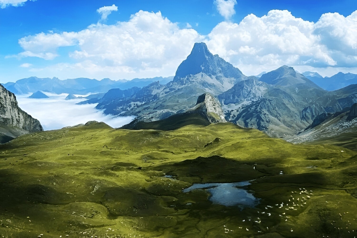 a row of cars are parked in a parking lot with mountains in the background