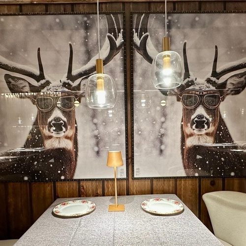 Salle à manger à thème SNO: Candanchú avec art cerf, lumières et table dressée.