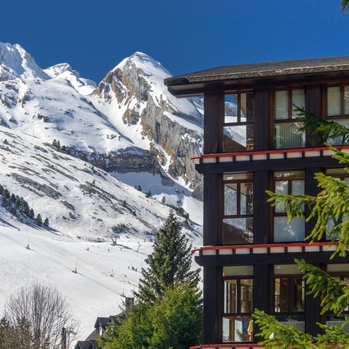 un bâtiment en bois avec des montagnes enneigées en arrière-plan