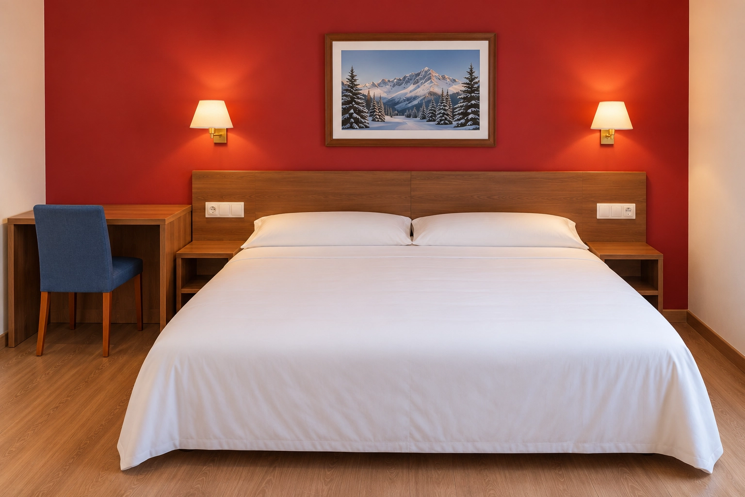 Habitación de hotel SNO: Candanchú con cama cómoda, paredes rojas y arte.