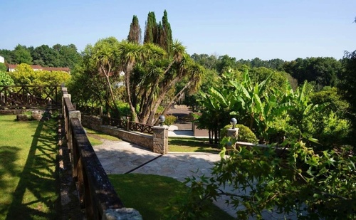 a wooden fence surrounds a lush green garden