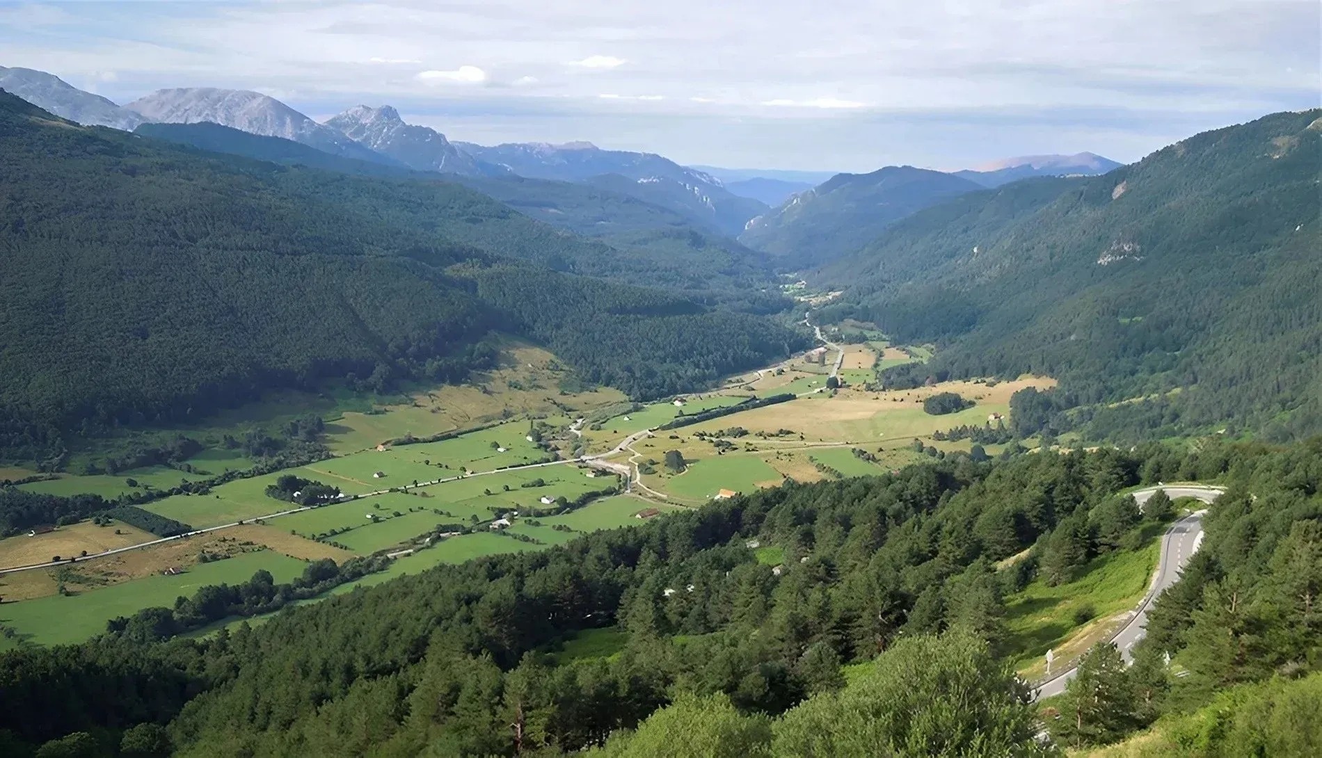 una vista de un valle rodeado de montañas y árboles