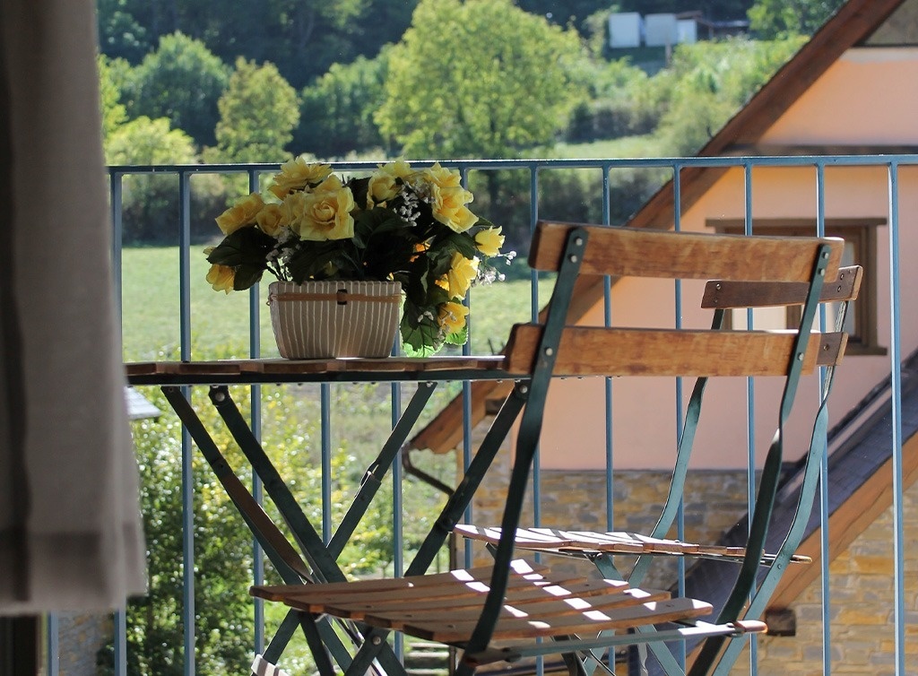 a potted plant sits on a table on a balcony