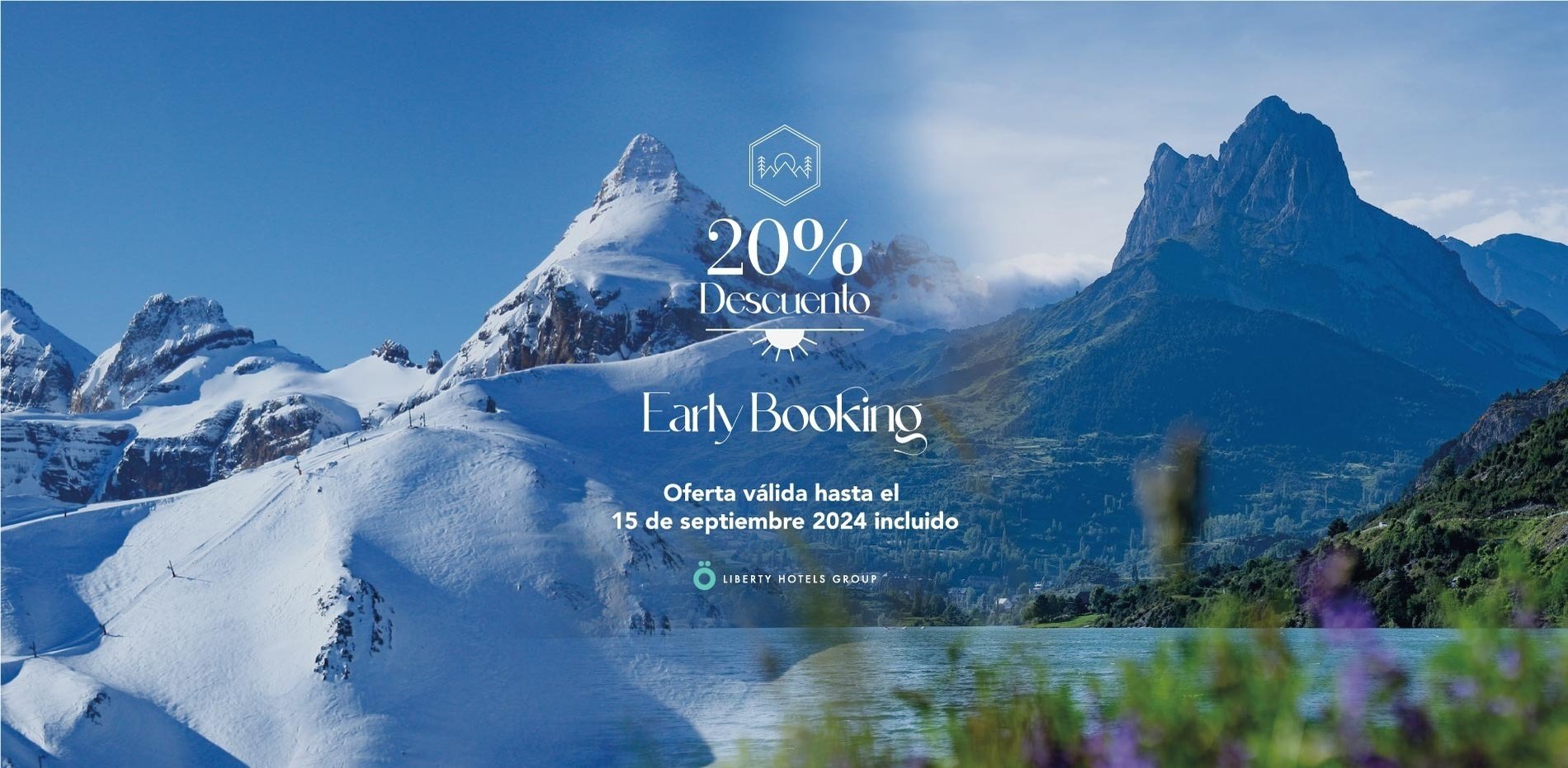 an advertisement for early booking with mountains in the background