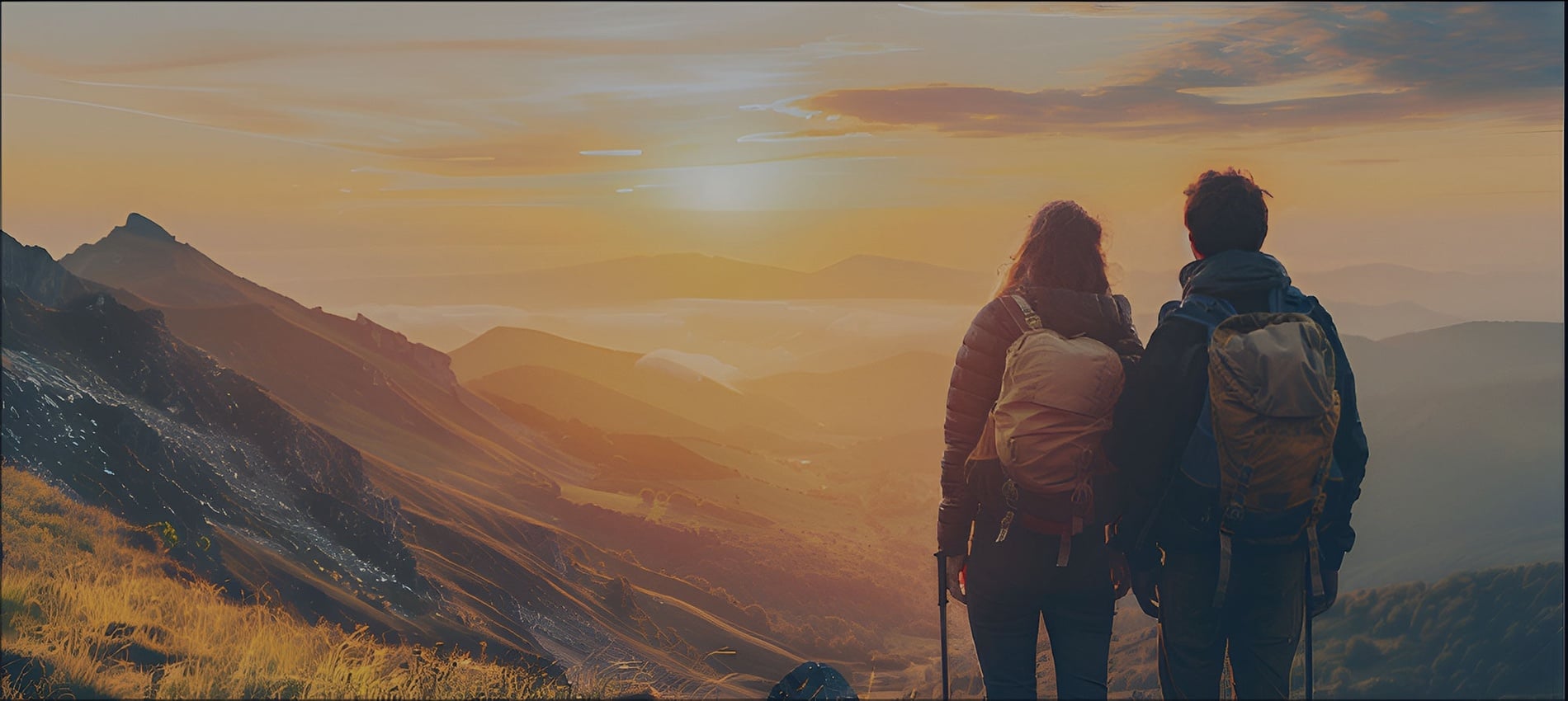 La imagen muestra a dos excursionistas contemplando un vasto paisaje montañoso al atardecer, con el texto promocional "ESTA SEMANA SANTA VIAJA CON SNÖ HOTELS" y los logotipos de Liberty Hotels Group y Snö Hotels.