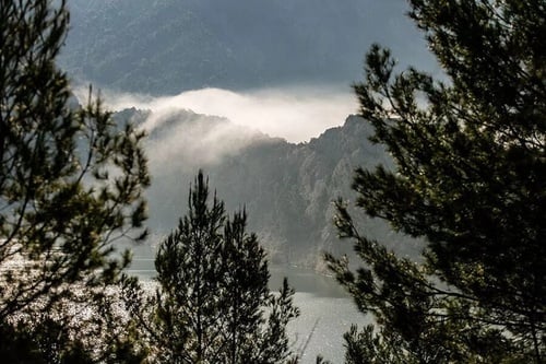 un lago rodeado de montañas cubiertas de niebla y árboles