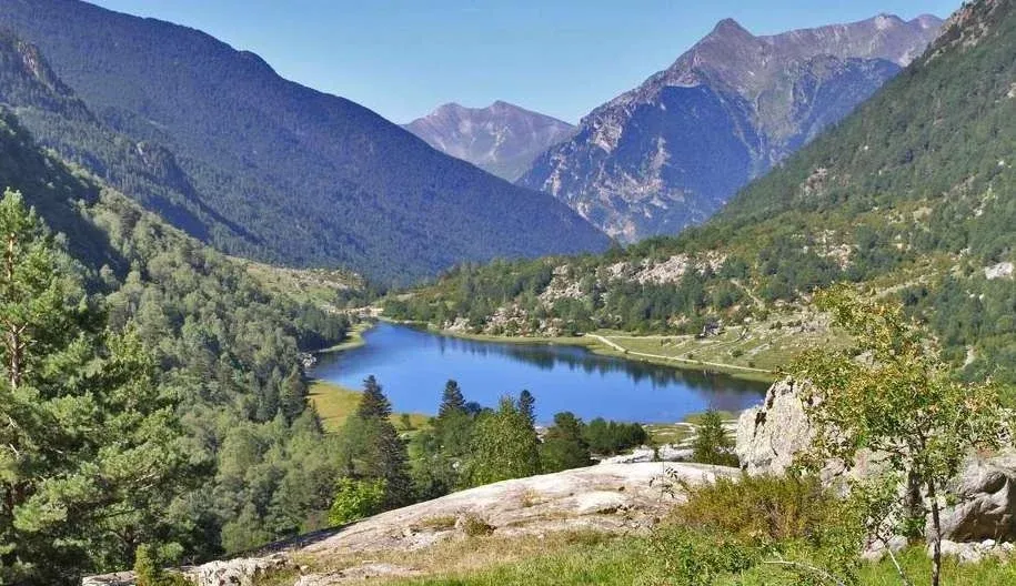 Lago de montaña rodeado de bosques y picos, ideal para SNO: Corporativa.