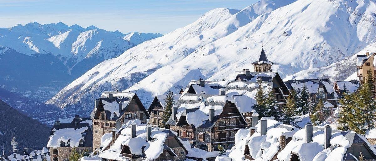 une forêt d' automne avec une montagne enneigée en arrière-plan