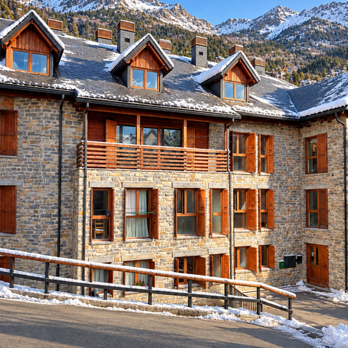 Apartamentos Escarrilla : façades en bois et pierre avec volets ouverts.