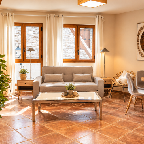 Chambre confortable à SNO: Apartamentos Escarrilla avec lit, fenêtre et armoire en bois.