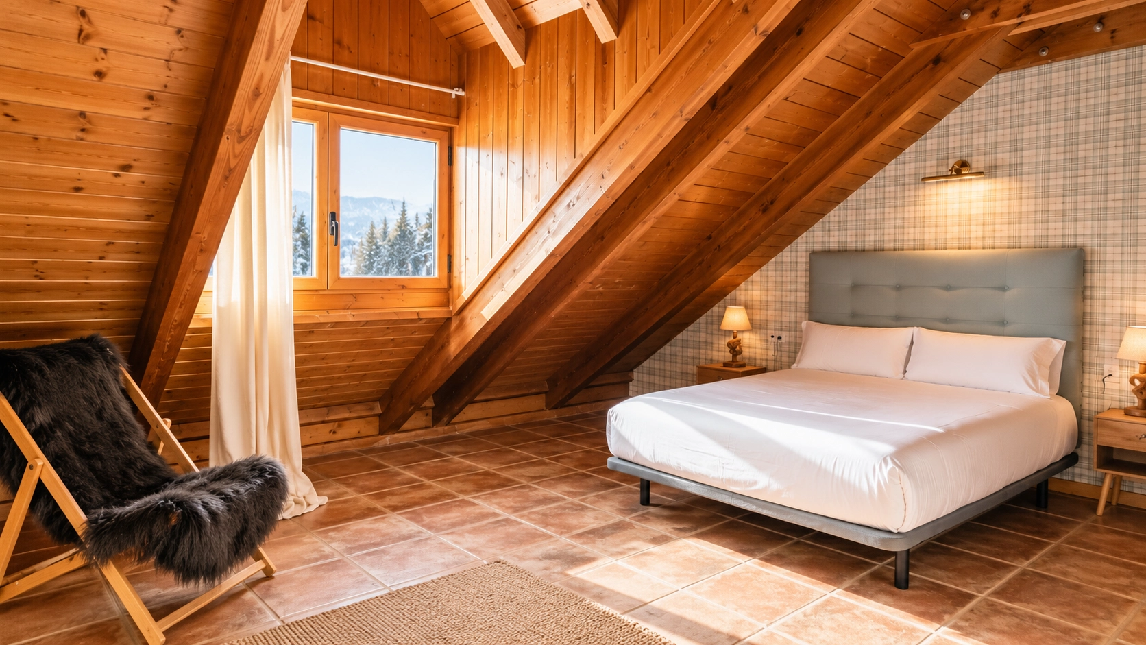 Habitación acogedora en SNO: Apartamentos Escarrilla con cama, escritorio y ventana al bosque.