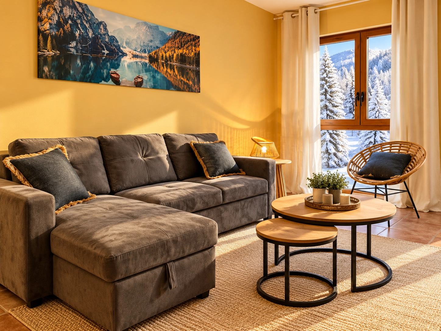 Sala de estar acogedora en Apartamentos Escarrilla con sofá cómodo y vista a la montaña.