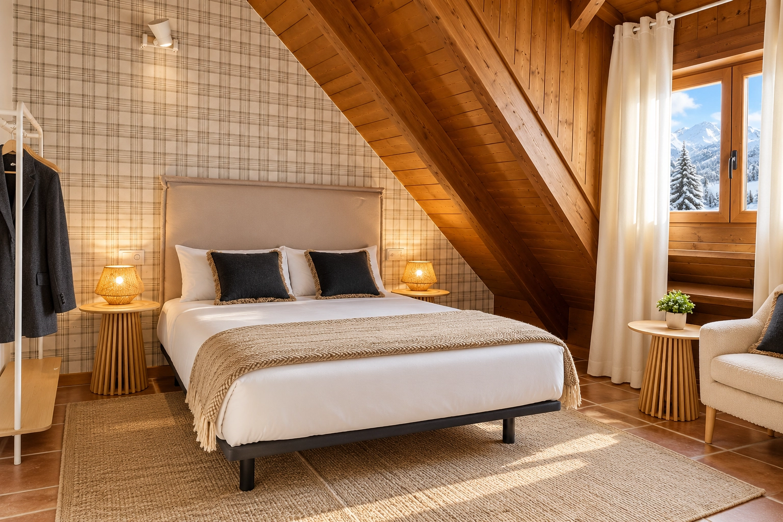 Habitación acogedora con cama doble y escritorio en Apartamentos Escarrilla.