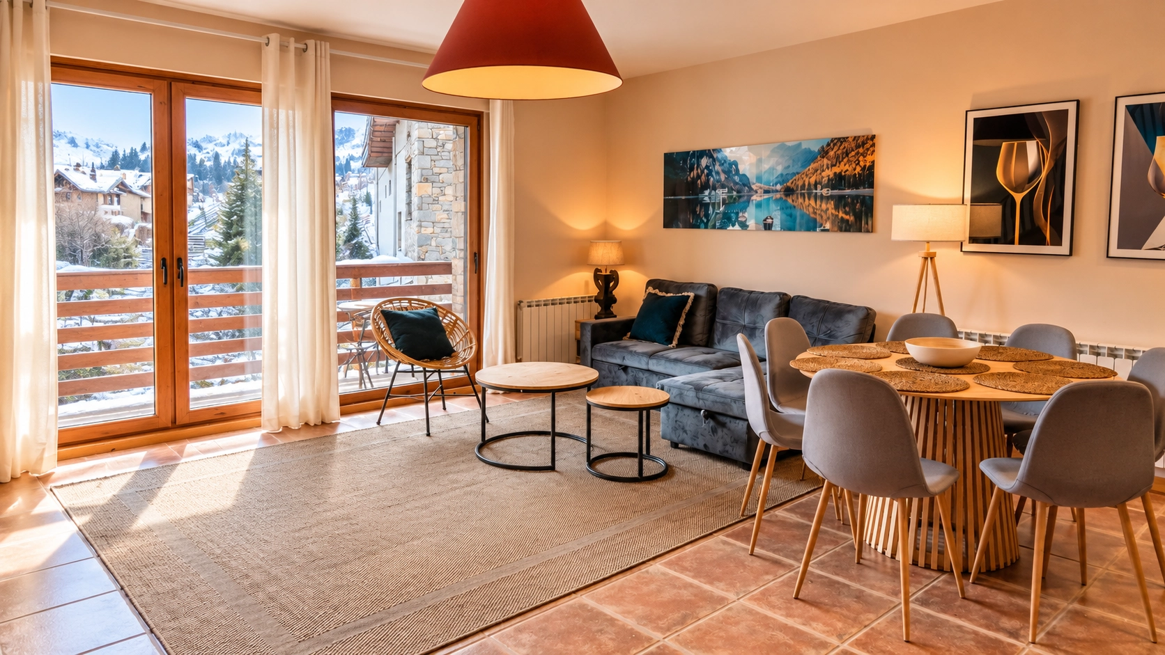 Apartamentos Escarrilla: acogedor salón comedor y balcón con vistas.