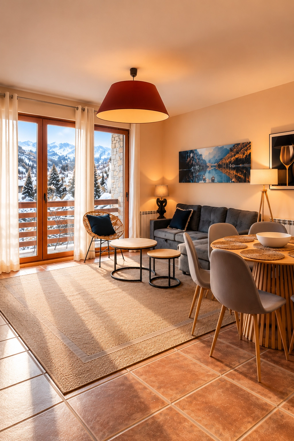 Comedor moderno en SNO: Apartamentos Escarrilla, con mesa redonda y sillas grises.