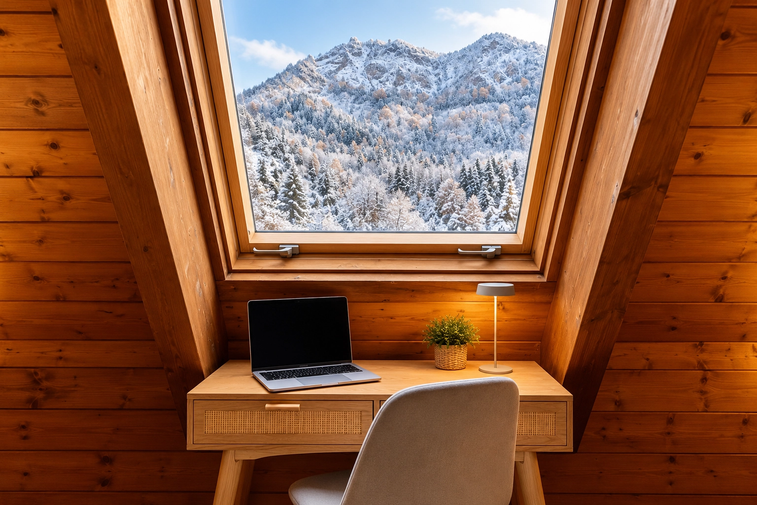 Escritorio en Apartamentos Escarrilla con vista a montaña y portátil.