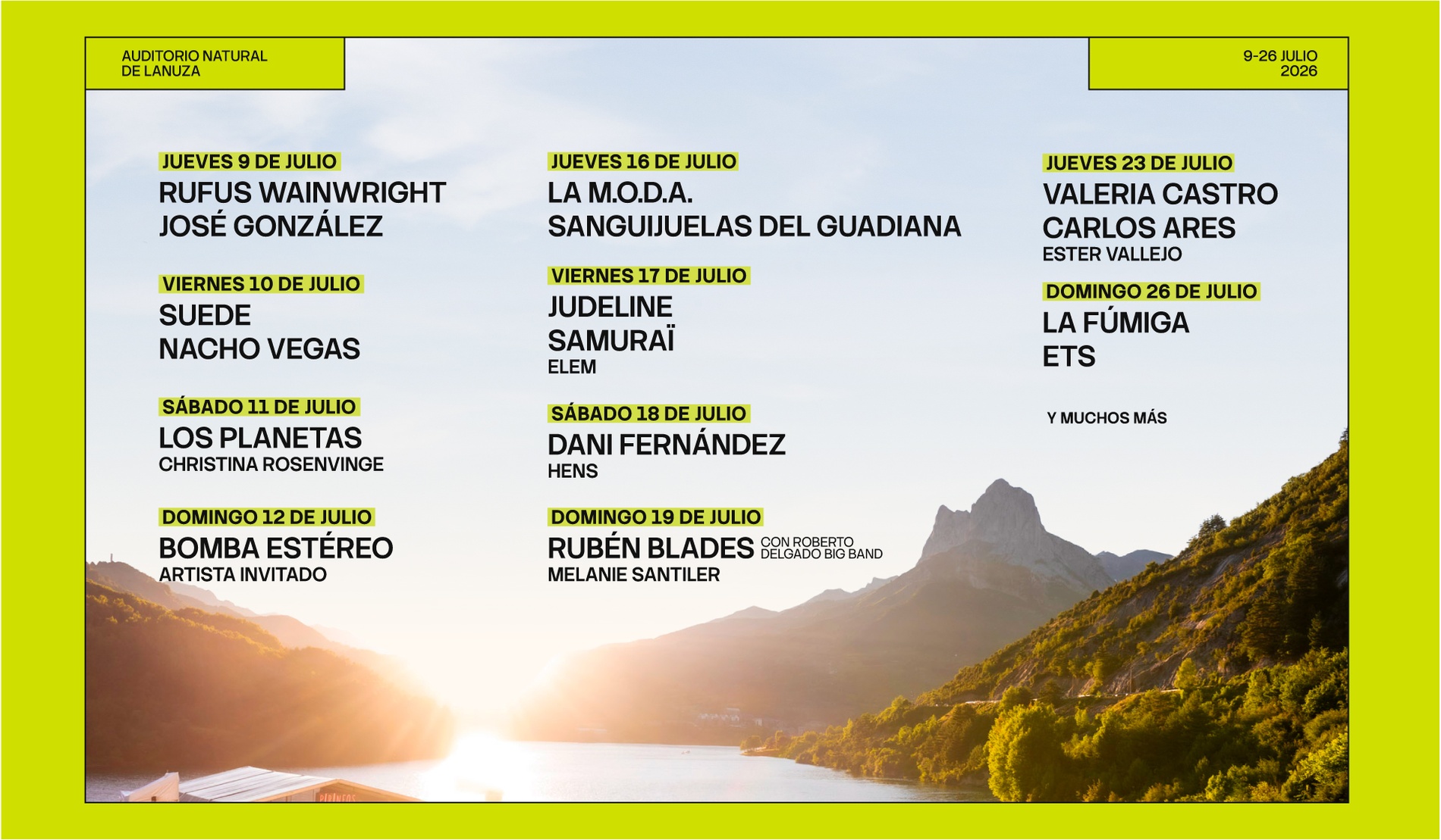 Cartel festival música en Lanuza, Pirineos. Atardecer, montañas y lago. Evento cerca de SNO: Formigal.