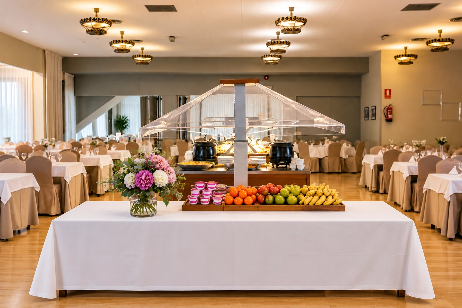 Buffet de l'hôtel SNO: Condes de Pallars avec tables dressées et décor floral.