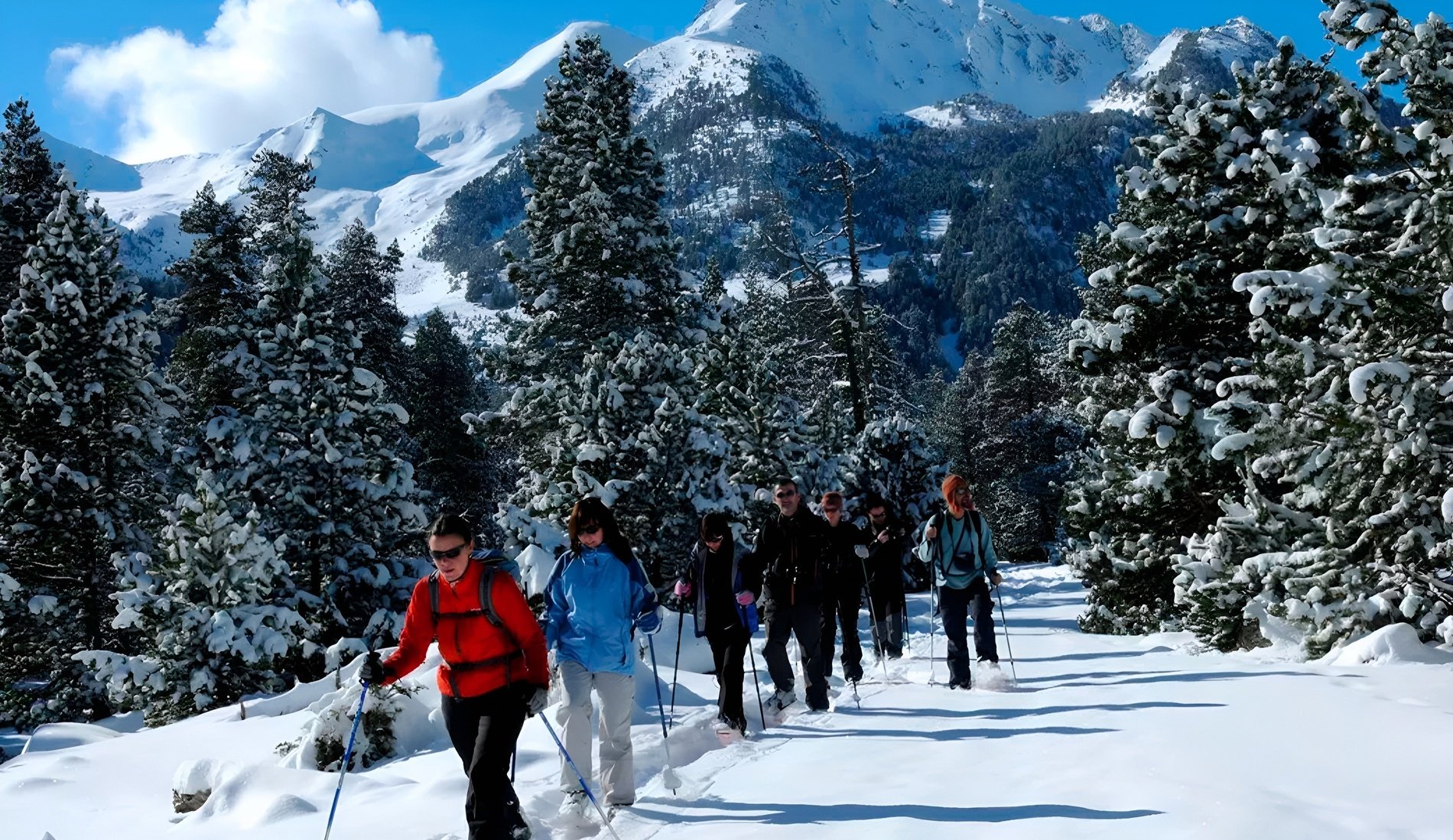 dos esquiadores se paran en la cima de una montaña cubierta de nieve