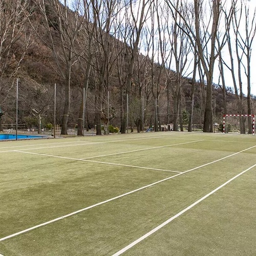 una cancha de tenis está rodeada de árboles y una piscina