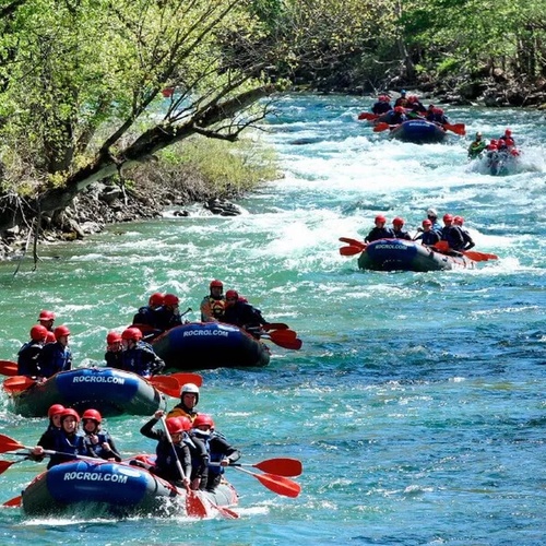 un grupo de kayakistas están remando en un río y uno de los botes tiene la palabra rockol.com en la parte delantera