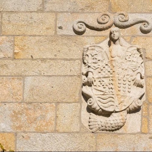 a stone carving of a woman holding a shield on a brick wall