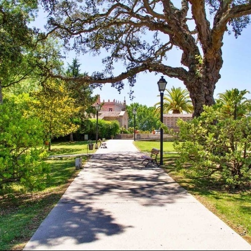 un chemin à travers un parc avec un bâtiment en arrière-plan