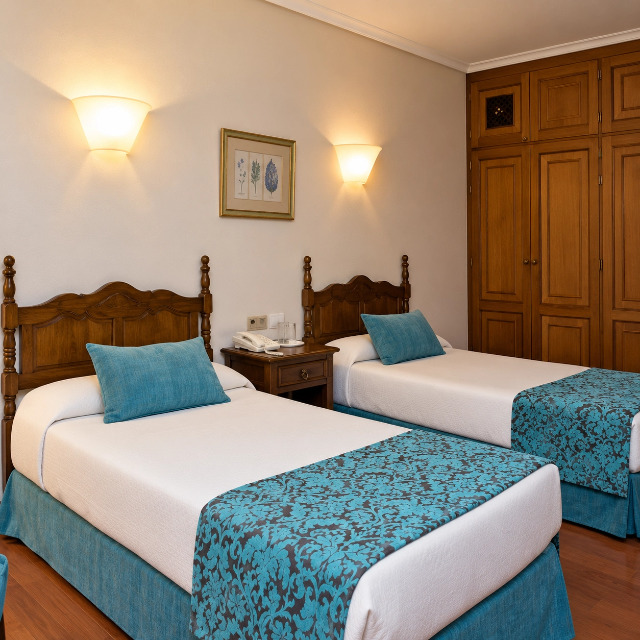 Pazo O Rial: Habitación de hotel con camas gemelas y decoración rústica.