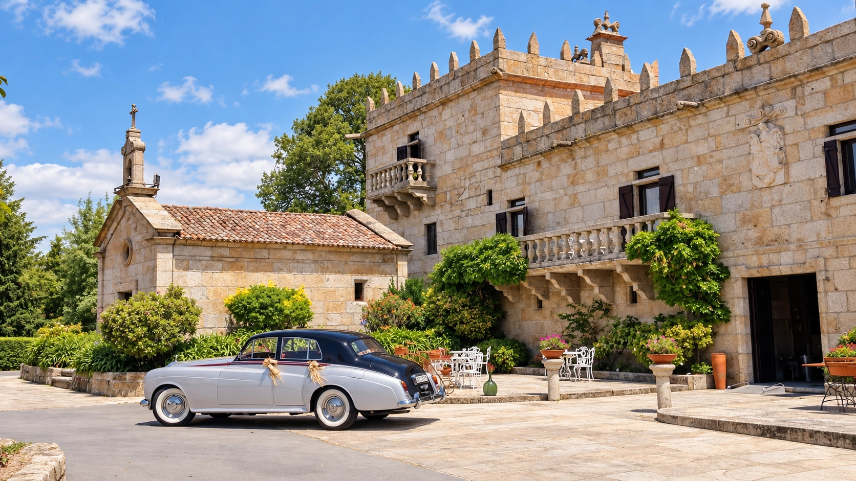Voiture classique et pazo historique SNO: Pazo O Rial pour mariages.