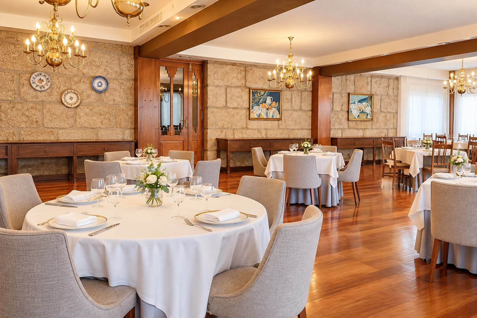 Elegant dining room at SNO: Pazo O Rial with dressed tables and comfortable chairs.