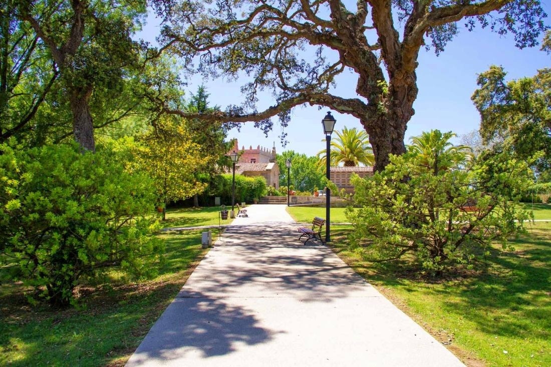 un chemin à travers un parc avec un bâtiment en arrière-plan