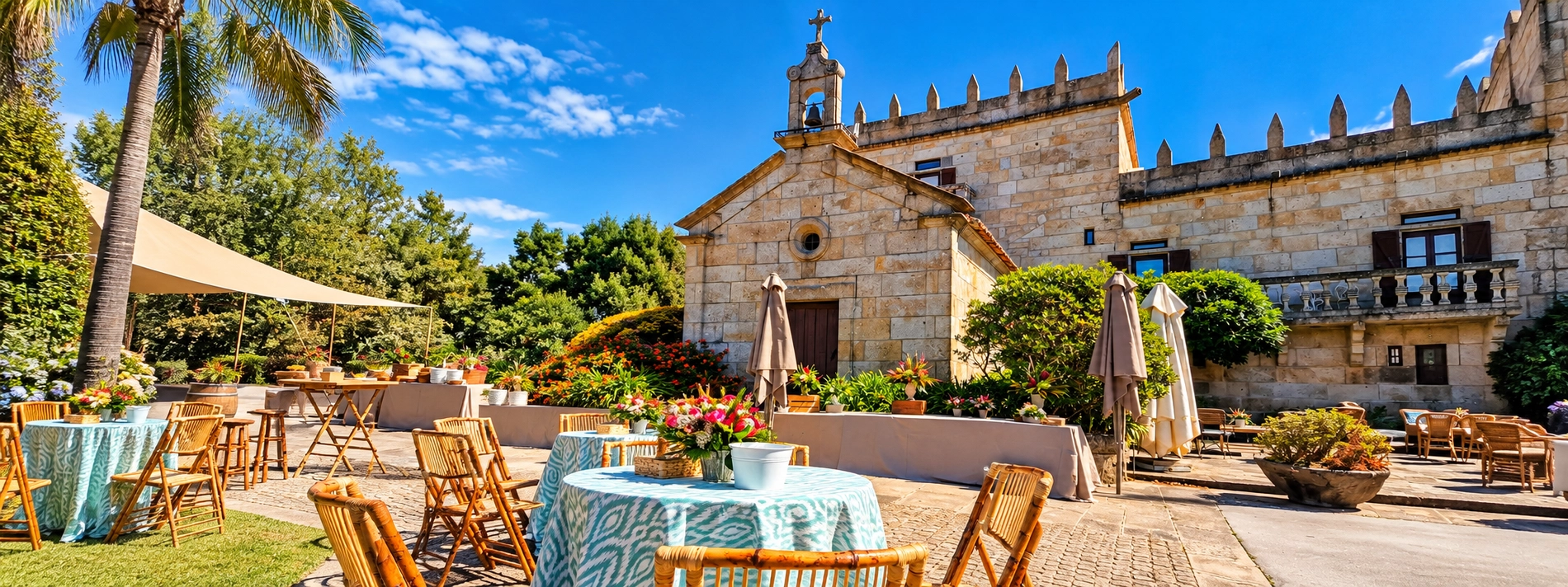 Événements | Hôtel à Vilagarcía, Pazo O Rial ****: Façade en pierre, palmiers et jardin verdoyant, idéal pour mariages et événements.