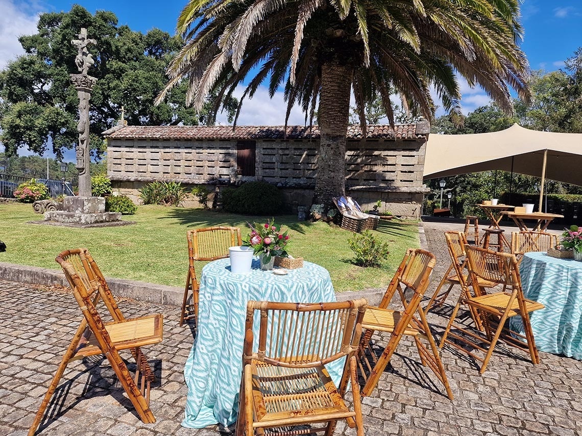 una mesa y sillas están alineadas frente a una palmera