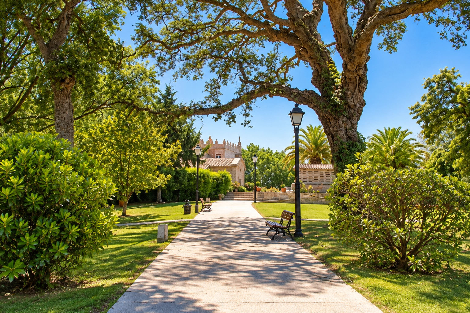 Path to Pazo O Rial: a lush park with benches and lampposts.
