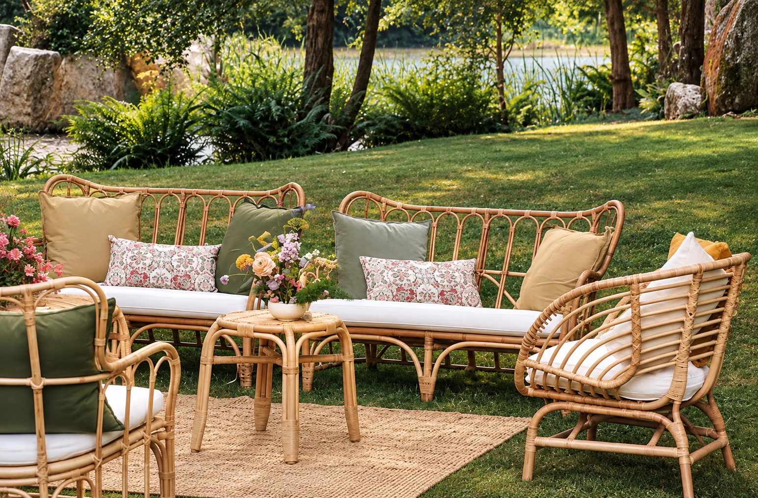 Patio SNO: Porta das Fragas con muebles de ratán y cojines para disfrutar.