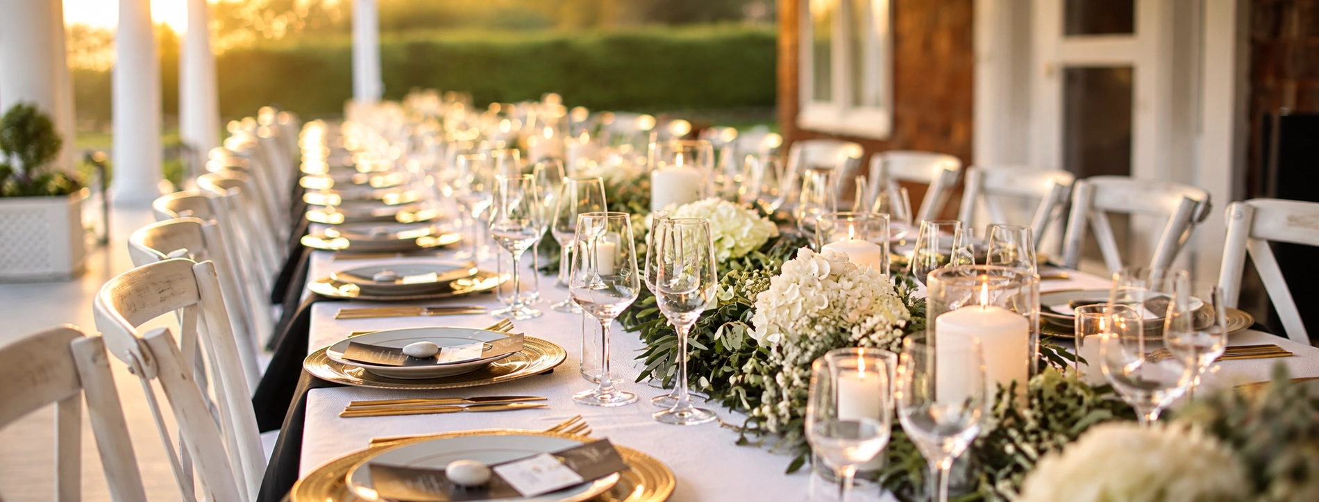 Elegante mesa larga para eventos al aire libre. Celebra tu evento | Hotel SNÖ Porta das Fragas.