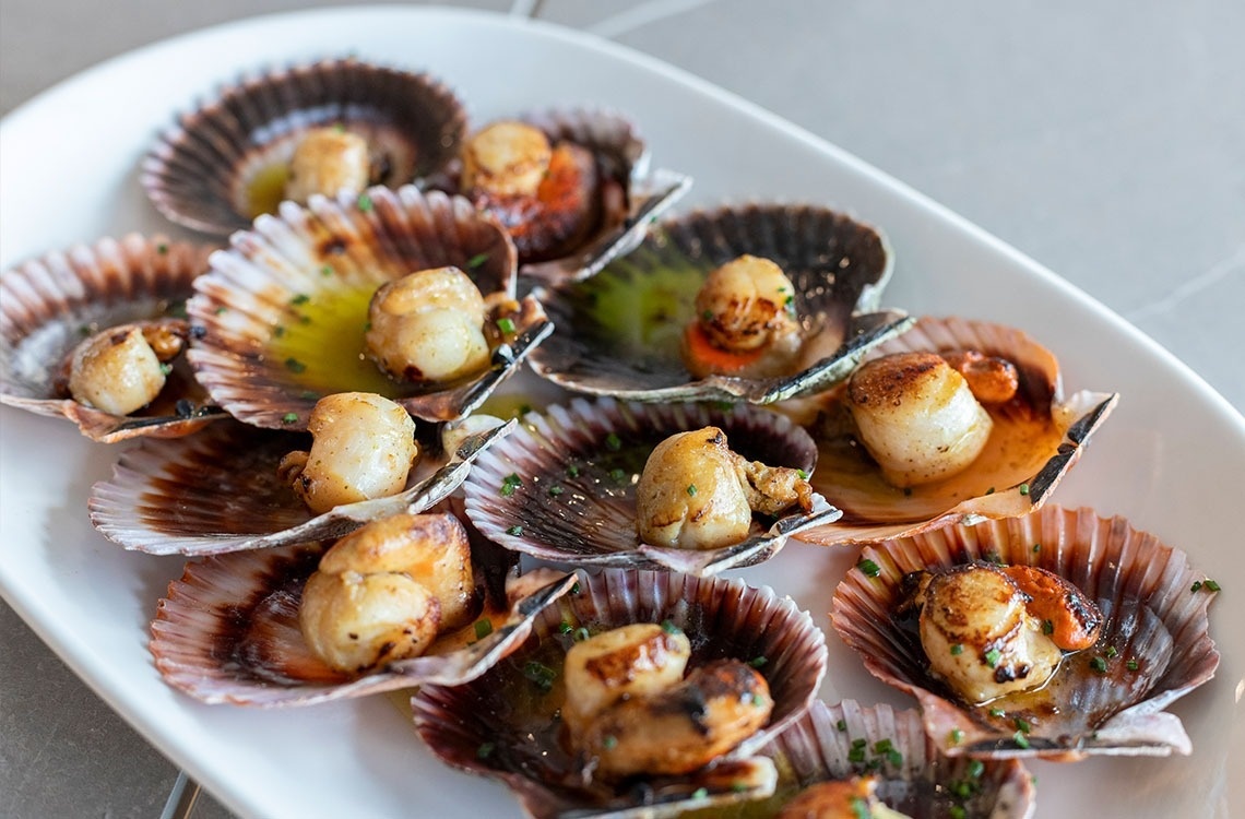 Pan-seared scallops in shells with butter and herbs on a platter, ideal for hotel dining.