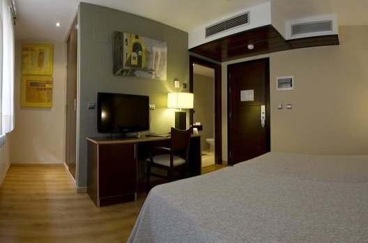 una habitación de hotel con una cama , escritorio y televisión