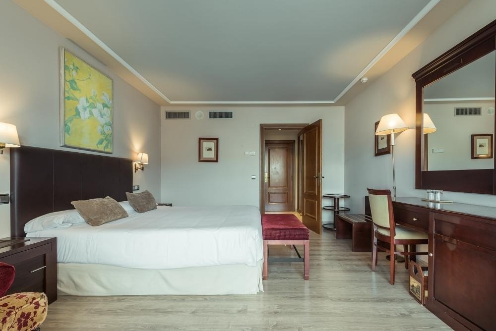 una habitación de hotel con una cama y un escritorio
