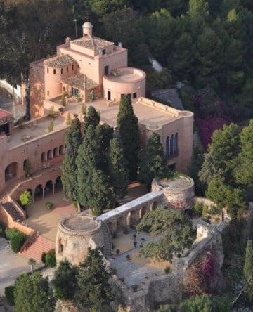 una vista aérea de un castillo rodeado de árboles y arbustos .