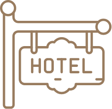 un icono de línea de una señal de hotel colgando de un poste .